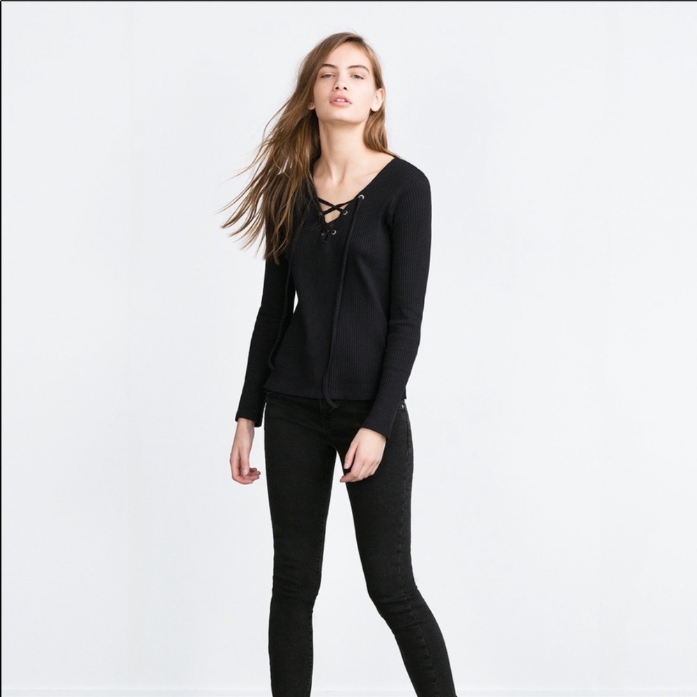 Lord & Taylor Design Lab Ribbed Lace Up Top - Picture 2 of 5